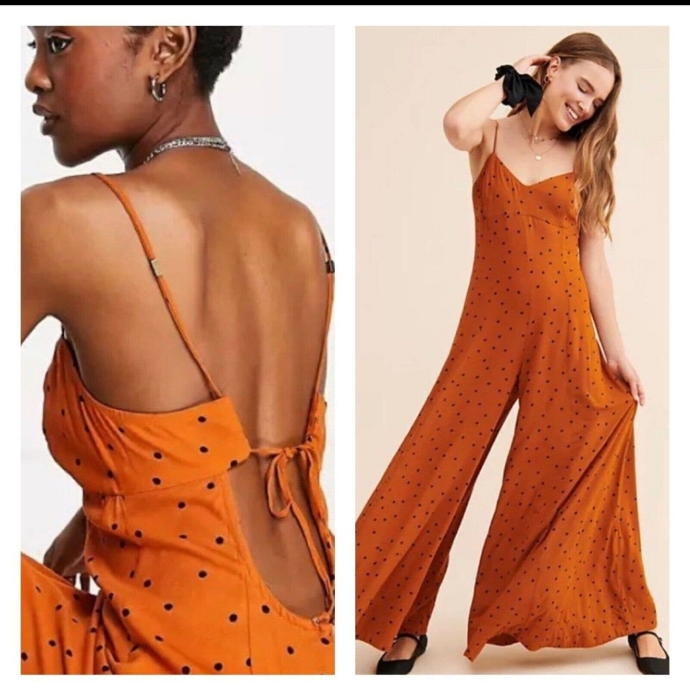 Free People Jamboree Jumpsuit Rust Combo Polka Dot Strappy Wide Leg xsmall - Picture 1 of 16